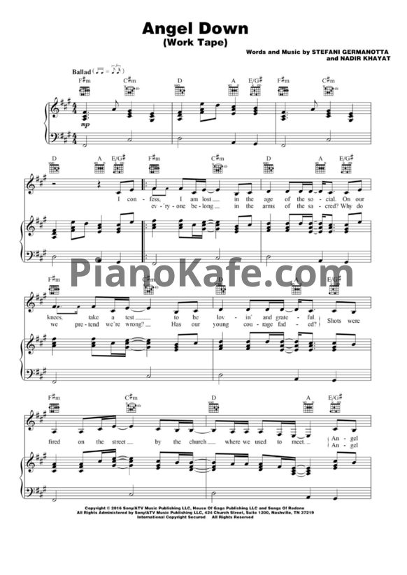 Ноты Lady Gaga - Angel down (Work tape) - PianoKafe.com