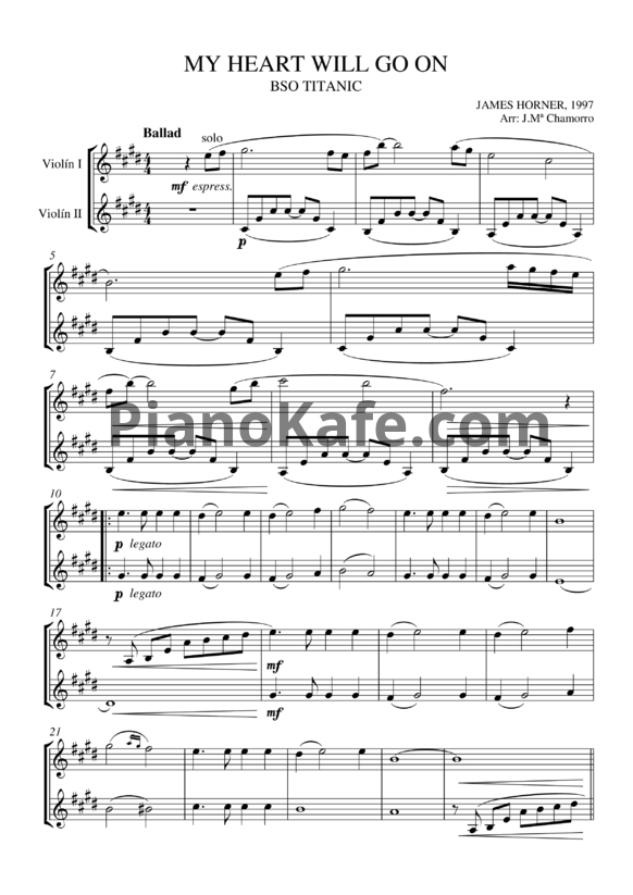 Ноты Celine Dion - My heart will go on (для 2 скрипок) - PianoKafe.com