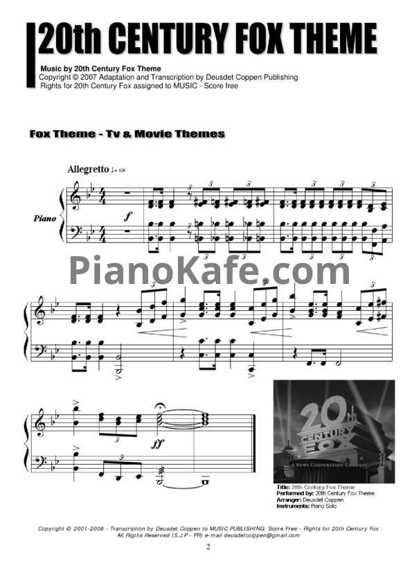 Ноты Alfred Newman - 20th century fox theme - PianoKafe.com