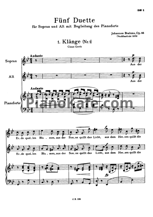 Ноты И. Брамс - Пять дуэтов (Op. 66) - PianoKafe.com