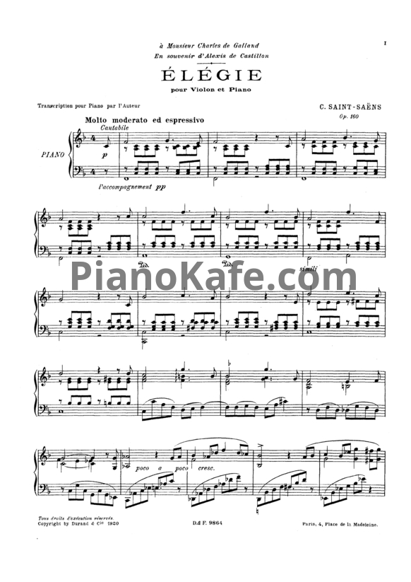 Ноты Камиль Сен-Санс - Элегия для скрипки и фортепиано (Op. 160) - PianoKafe.com