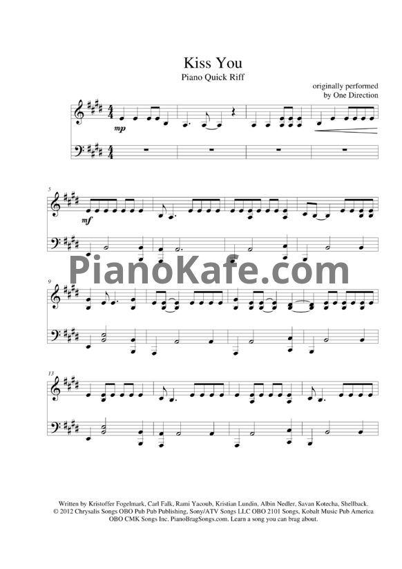 Ноты One Direction - Kiss you - PianoKafe.com