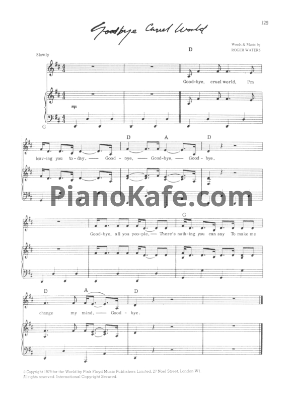 Ноты Pink Floyd - Goodbye cruel world (Guitar tabs) - PianoKafe.com