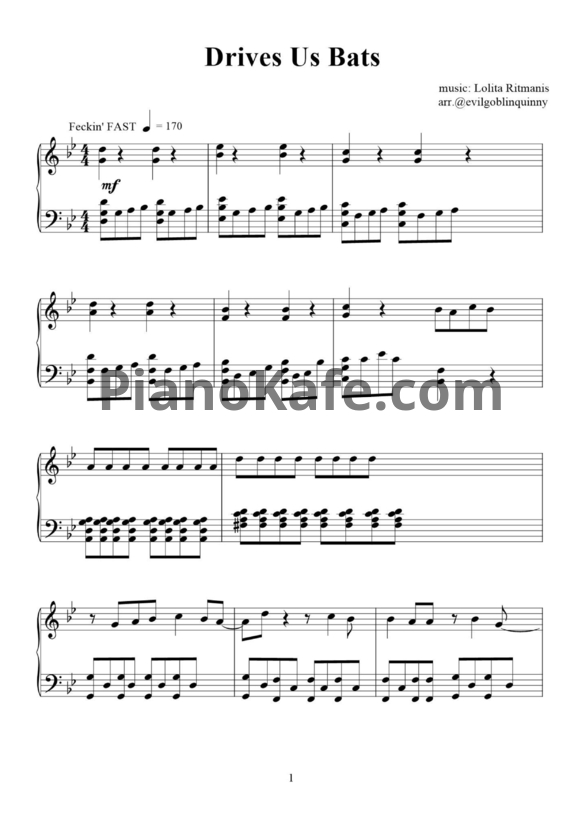 Ноты Lolita Ritmanis - Drives us bats (Piano cover) - PianoKafe.com