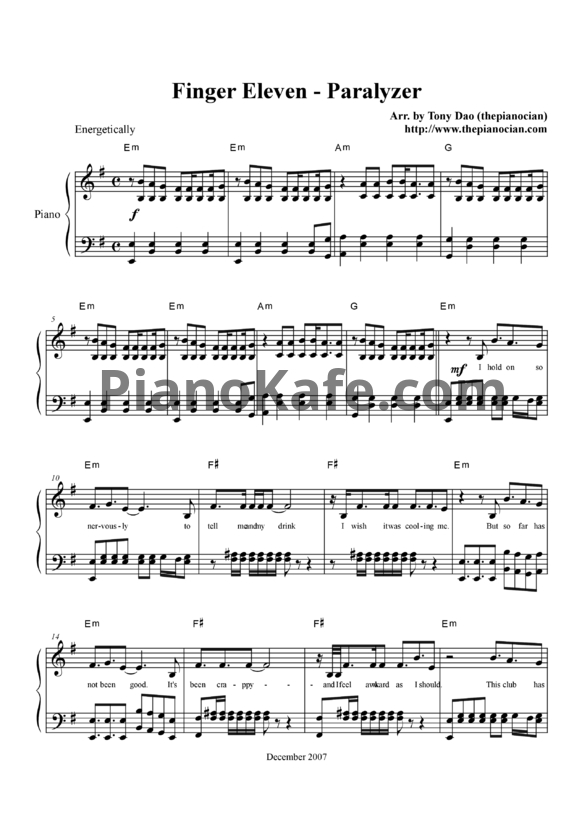 Ноты Finger Eleven - Paralyzer - PianoKafe.com