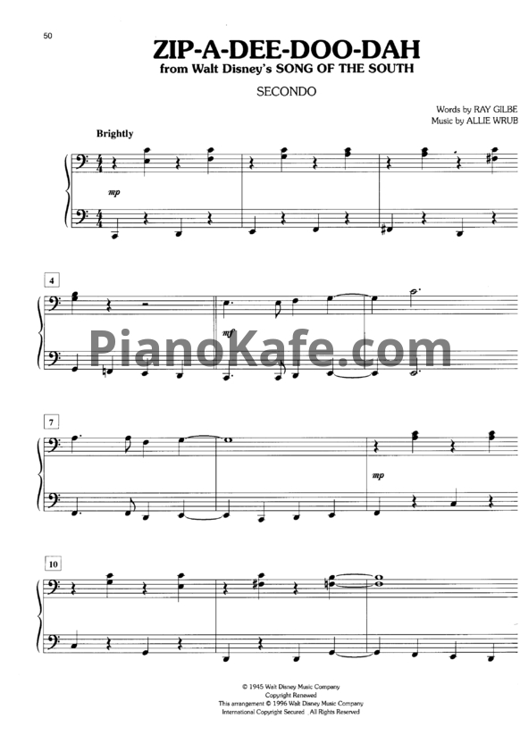 Ноты Allie Wrubel - Zip-a-dee-doo-dah (для 2 фортепиано) - PianoKafe.com