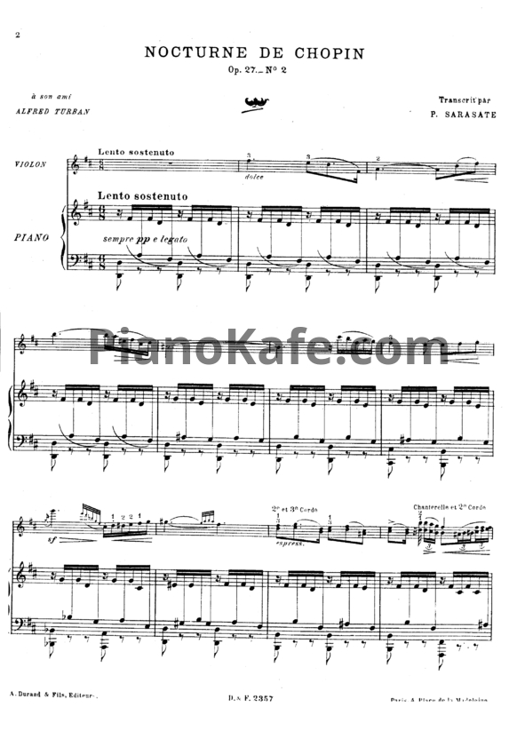 Ноты Фредерик Шопен - Ноктюрн (Op. 27 №2) для скрипки и фортепиано - PianoKafe.com