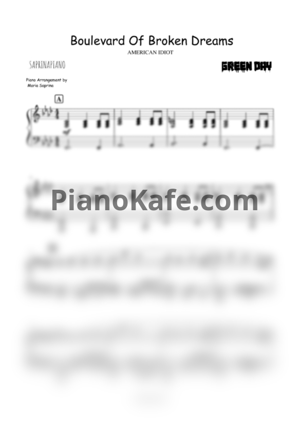 Ноты Green Day - Boulevard of broken dreams (SaprinaPiano cover) - PianoKafe.com