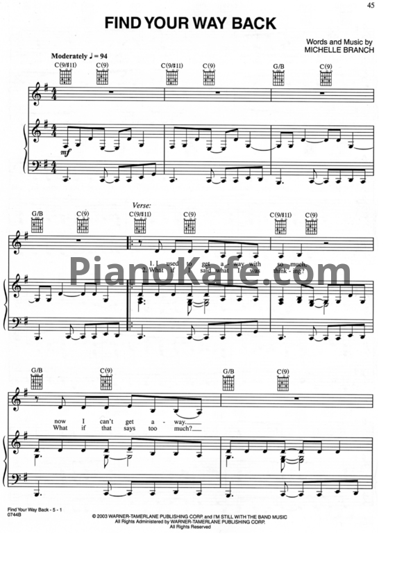 Ноты Michelle Branch - Find your way back - PianoKafe.com