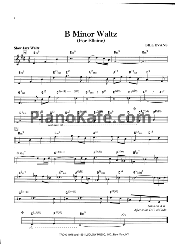 Ноты Bill Evans - B minor waltz - PianoKafe.com