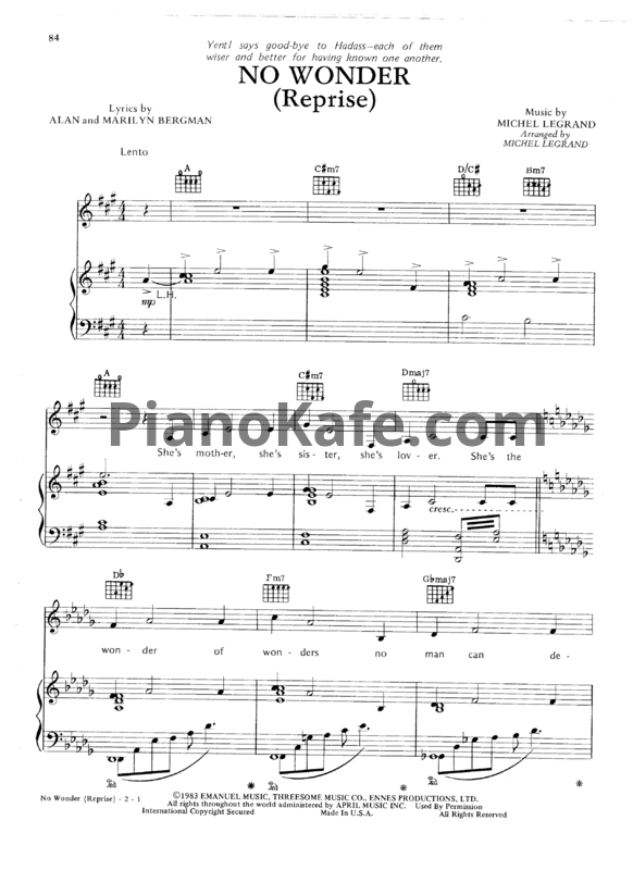 Ноты Michel Legrand - No wonder (Reprise) - PianoKafe.com