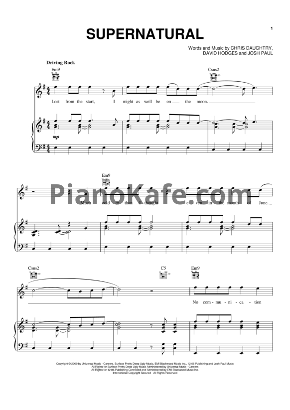 Ноты Daughtry - Supernatural - PianoKafe.com