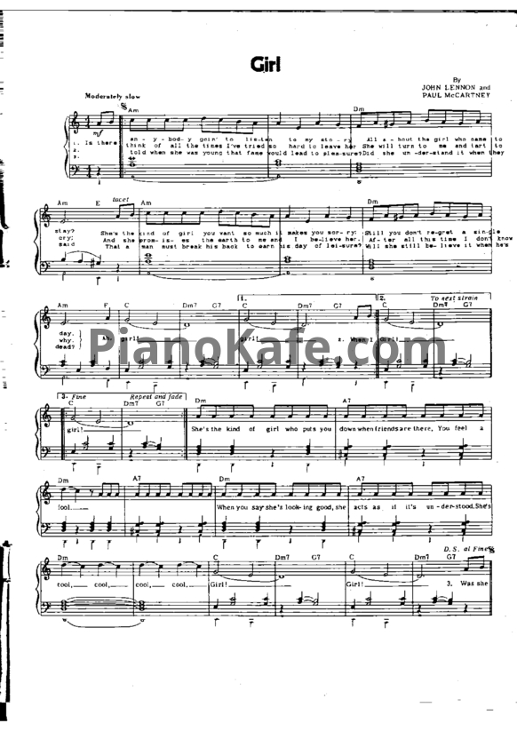 Ноты The Beatles - Girl (Piano solo) - PianoKafe.com