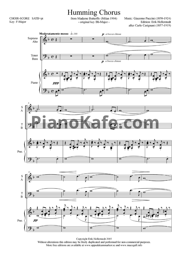Ноты Джакомо Пуччини - Humming chorus - PianoKafe.com
