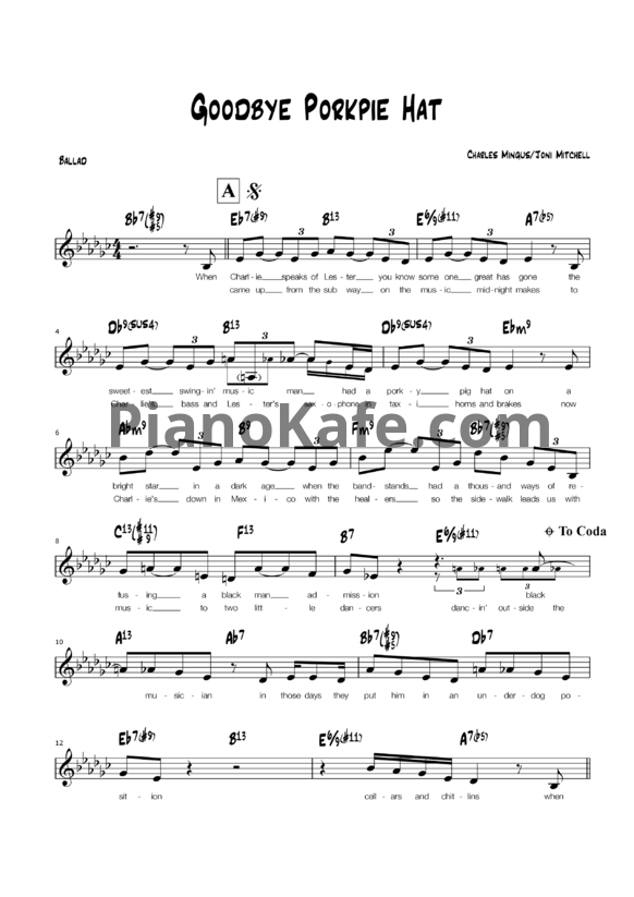 Ноты Joni Mitchell - Goodbye pork pie hat - PianoKafe.com