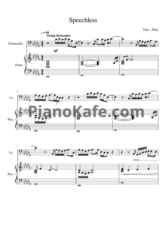 Ноты Dan + Shay - Speechless (Виолончель, фортепиано) - PianoKafe.com