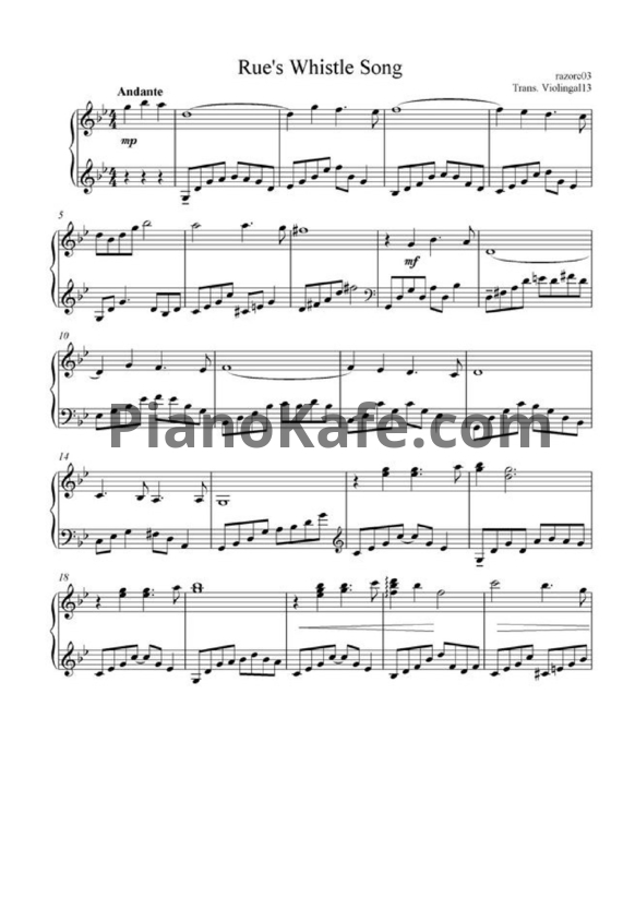 Ноты James Newton Howard - Rue's whistle song - PianoKafe.com