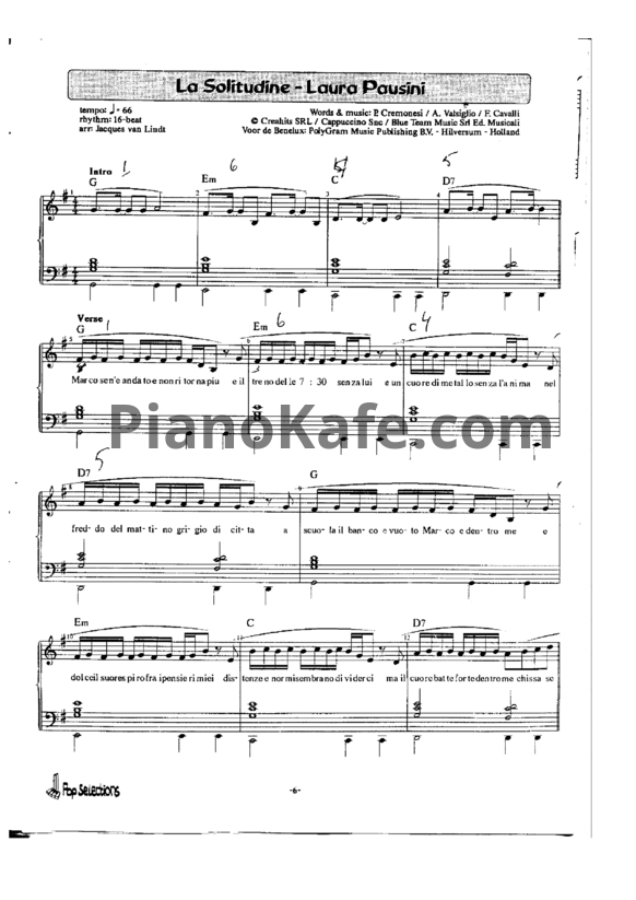 Ноты Laura Pausini - La solitudine - PianoKafe.com