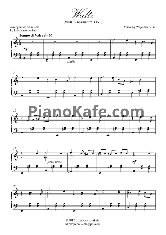 Ноты Wojciech Kilar - Waltz - PianoKafe.com