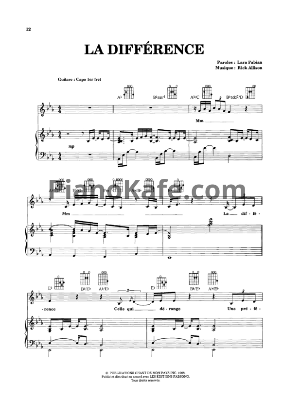 Ноты Lara Fabian - La difference - PianoKafe.com