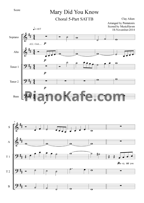 Ноты Pentatonix - Mary, did you know? - PianoKafe.com
