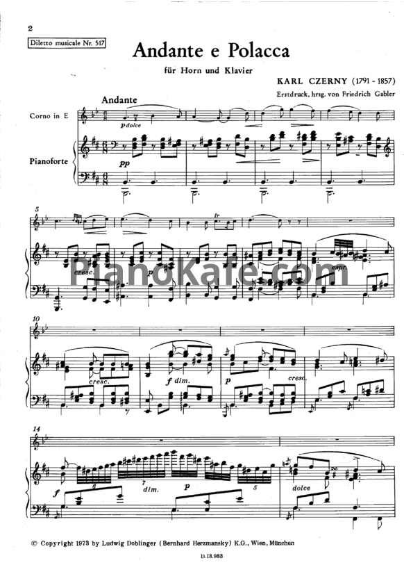 Ноты Карл Черни - Анданте и Полакка ми мажор - PianoKafe.com