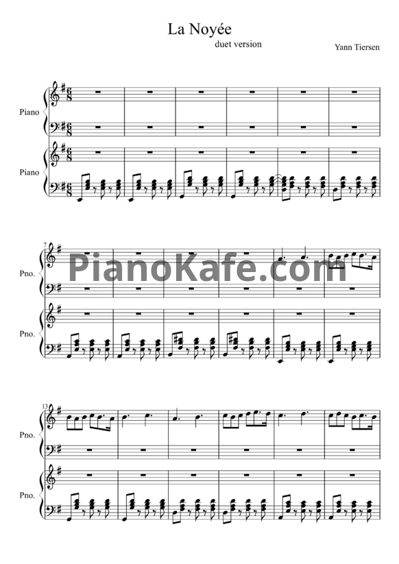 Ноты Yann Tiersen - La Noyée (для 2 фортепиано) - PianoKafe.com