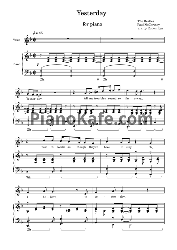 Ноты The Beatles - Yesterday (Версия 3) - PianoKafe.com