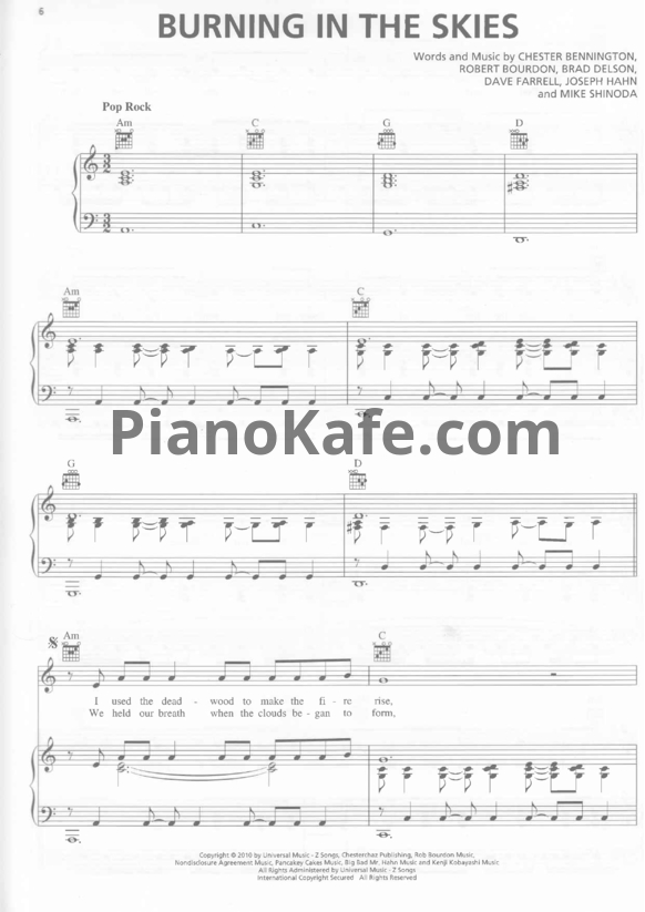Ноты Linkin Park - Burning in the skies - PianoKafe.com