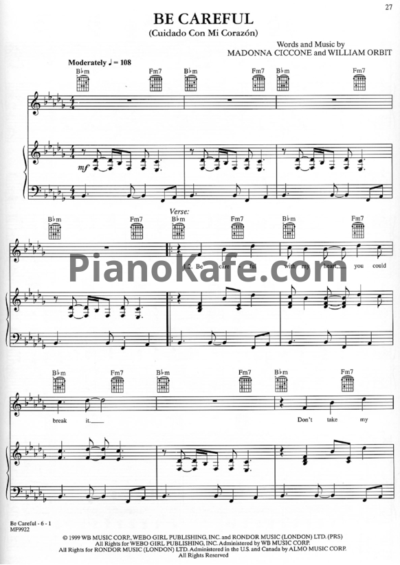 Ноты Ricky Martin - Be careful (Cuidado con mi corazon) - PianoKafe.com