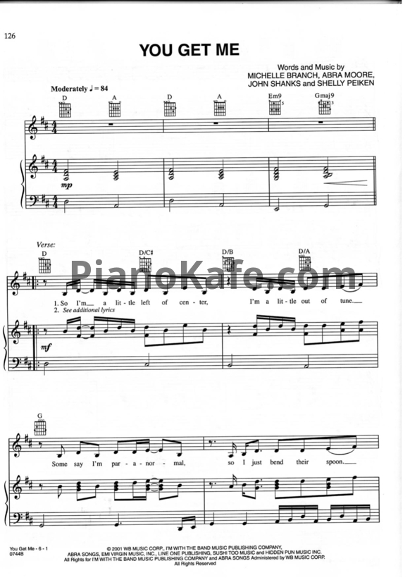 Ноты Michelle Branch - You get me - PianoKafe.com