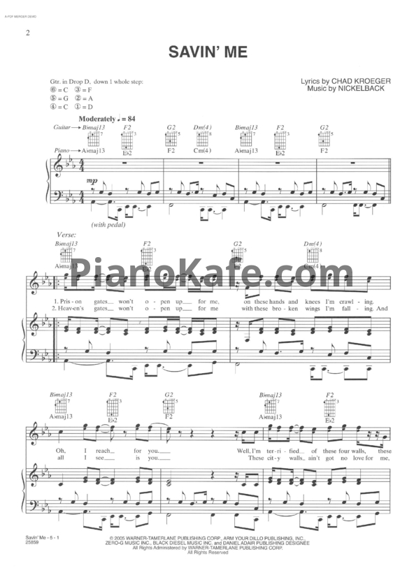 Ноты Nickelback - Savin' me - PianoKafe.com