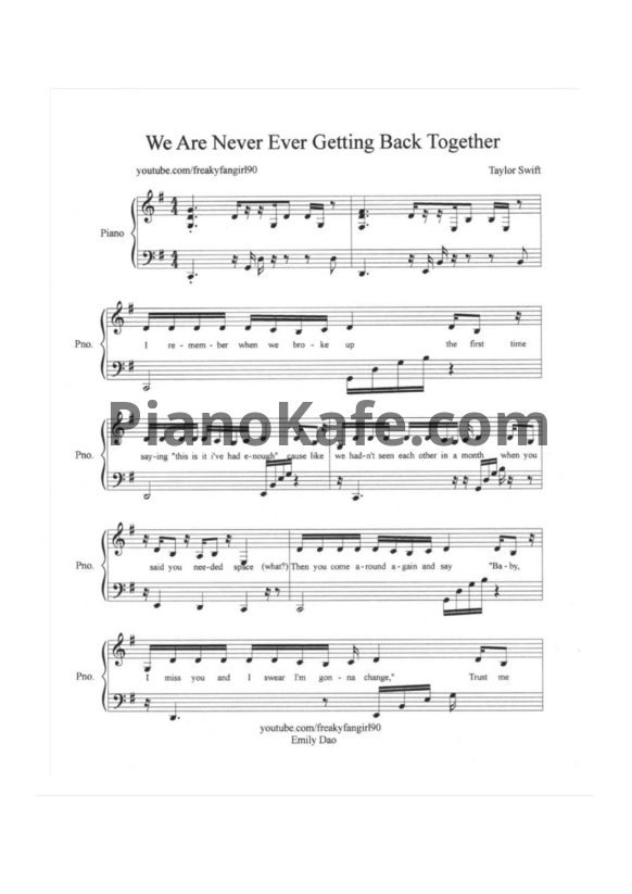 Ноты Taylor Swift - We are never ever getting back together - PianoKafe.com