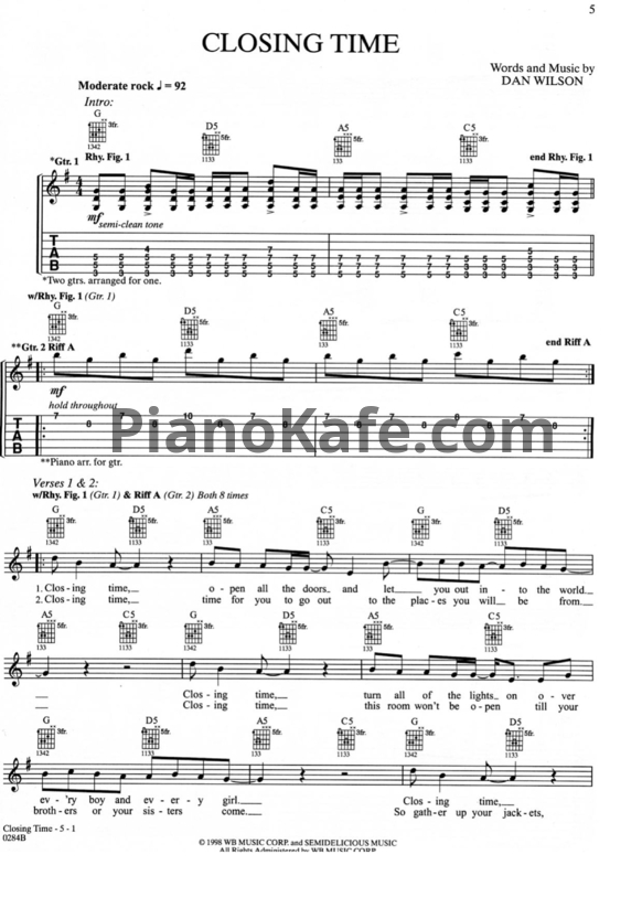 Ноты Semisonic - Closing time (Guitar tabs) - PianoKafe.com