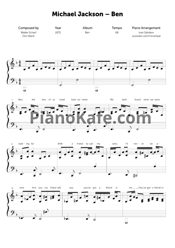 Ноты Michael Jackson - Ben (Piano cover) - PianoKafe.com