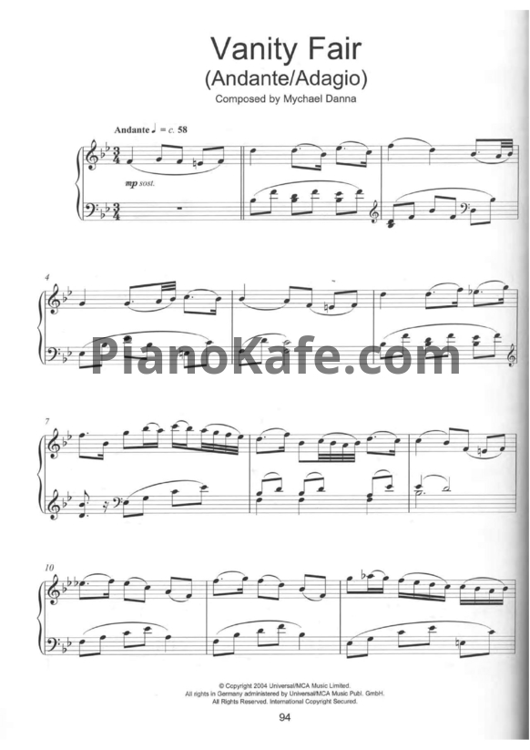 Ноты Mychael Danna - Vanity fair (Andante/Adagio) - PianoKafe.com