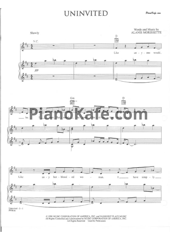 Ноты Alanis Morissette - Uninvited - PianoKafe.com