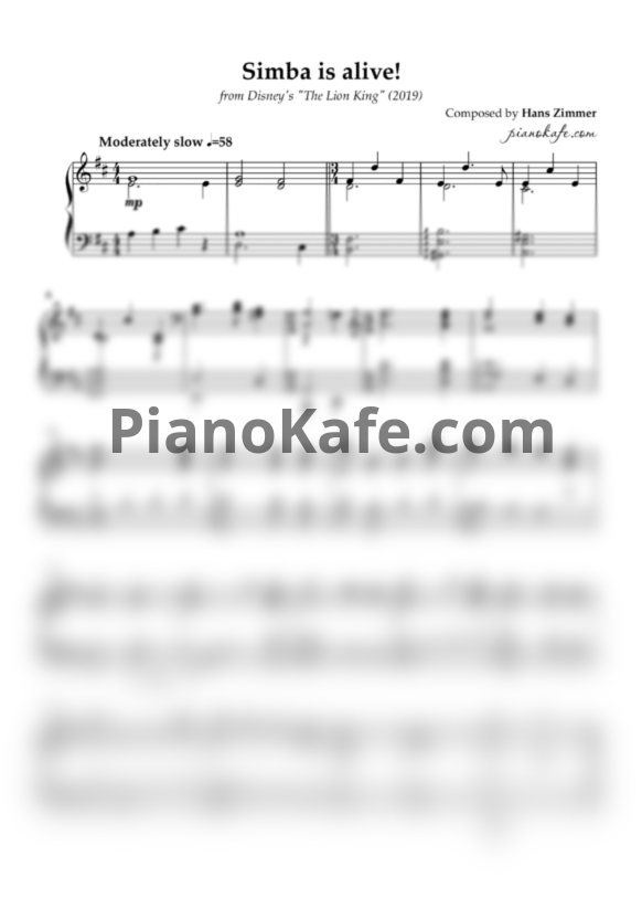 Ноты Hans Zimmer - Simba is alive! - PianoKafe.com