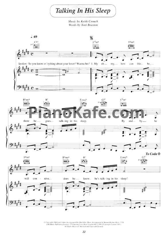 Ноты Toni Braxton - Talking in his sleep - PianoKafe.com