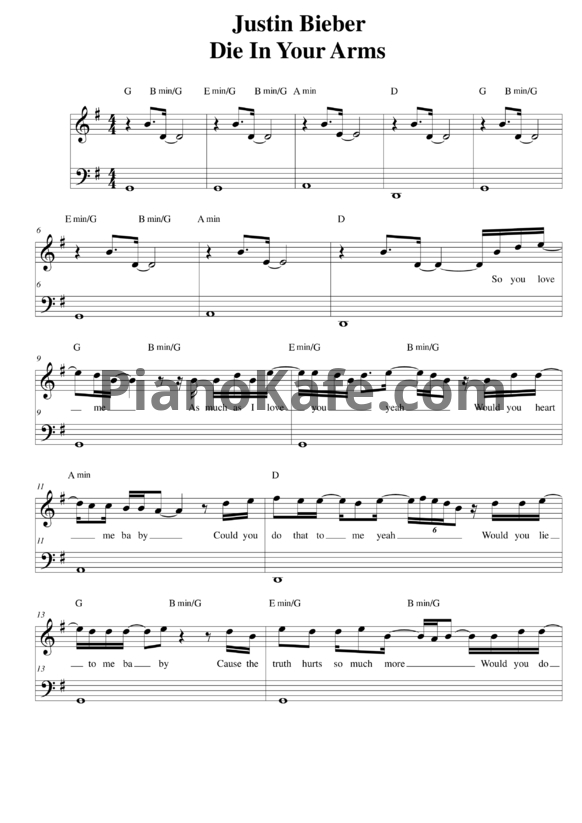 Ноты Justin Bieber - Die in your arms - PianoKafe.com