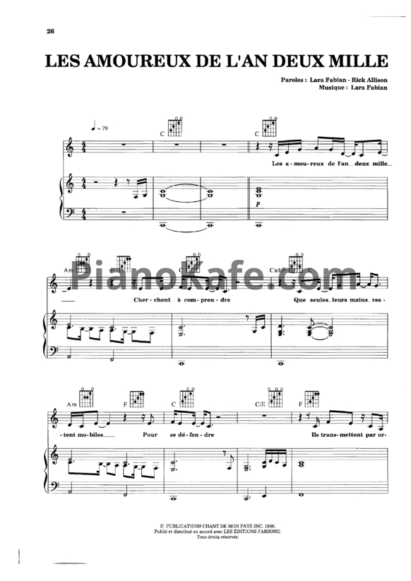Ноты Lara Fabian - Les Amoureux De L'an 2000 - PianoKafe.com