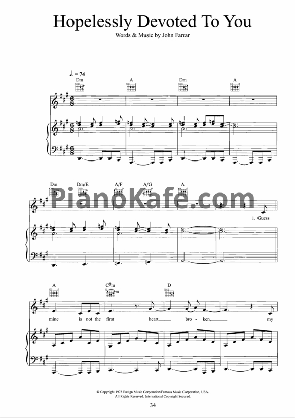 Ноты John Farrar - Hopelessly devoted to you - PianoKafe.com