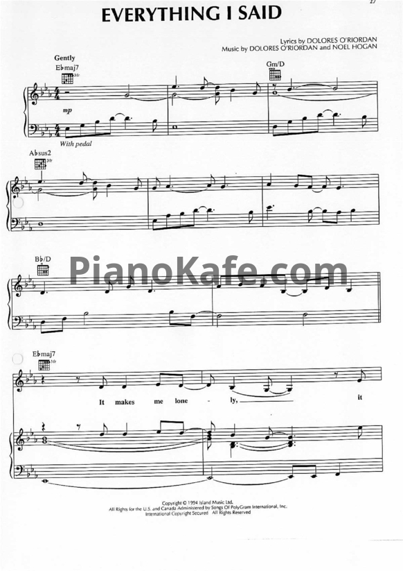 Ноты The Cranberries - Evetything I said - PianoKafe.com