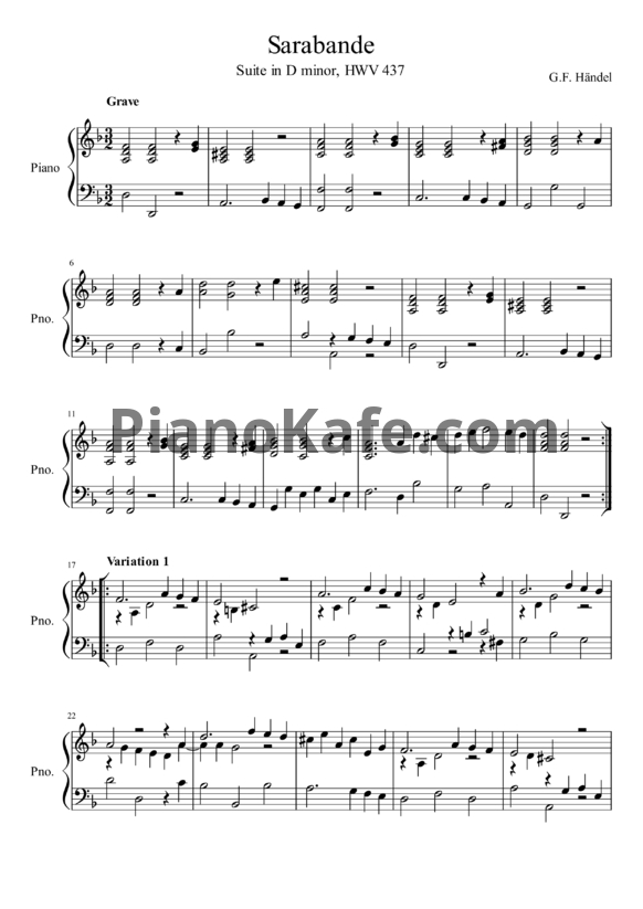 Ноты Георг Гендель - Сарабанда (HWV 437) - PianoKafe.com