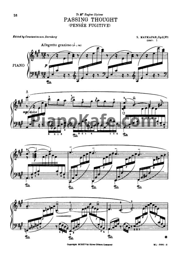 Ноты Самуил Майкапар - Passing thought (Op. 11, №1) - PianoKafe.com