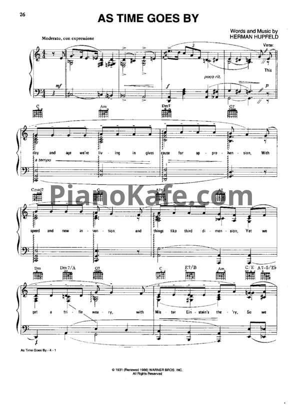 Ноты Herman Hupfeld - As time goes by - PianoKafe.com
