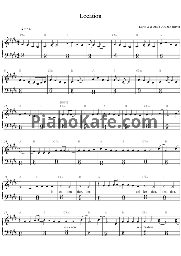 Ноты KAROL G, Anuel AA, J. Balvin - Location - PianoKafe.com