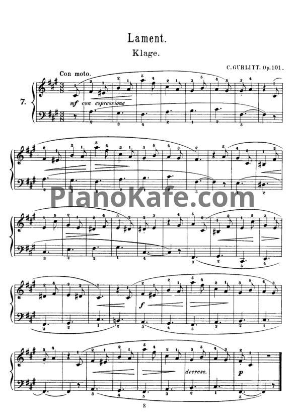 Ноты Корнелиус Гурлитт - Lament (Op. 101, №7) - PianoKafe.com