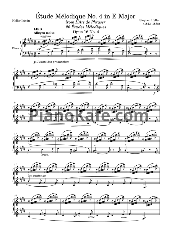 Ноты Стефан Хеллер - Мелодический этюд (Op. 16, №4) ми мажор - PianoKafe.com
