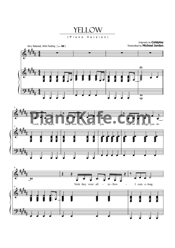 Ноты Coldplay - Yellow (Transcribed by Michael Jordan) - PianoKafe.com